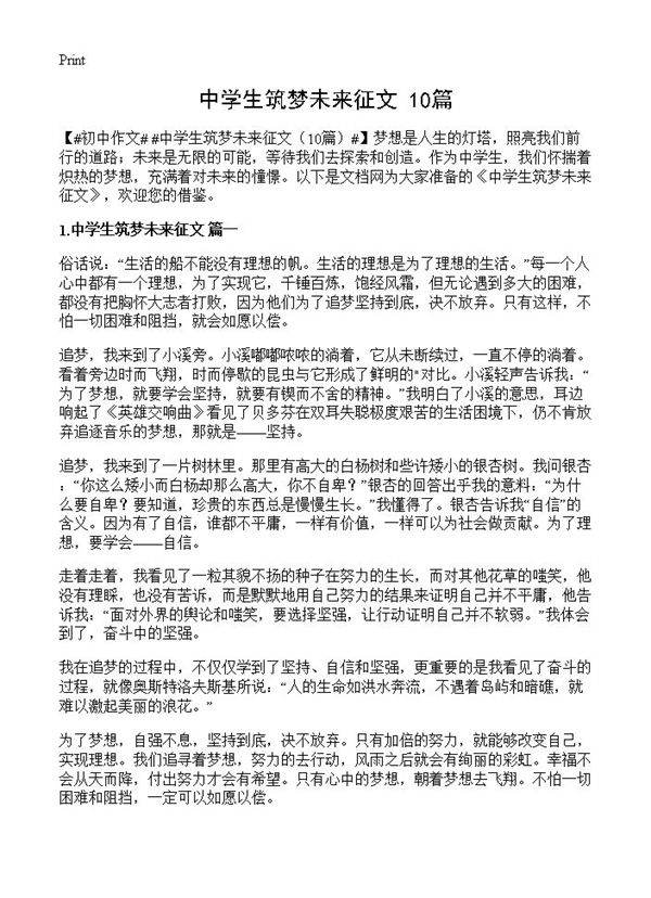 中学生筑梦未来征文10篇