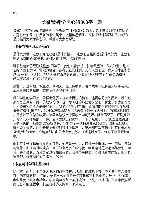 长征精神学习心得800字
