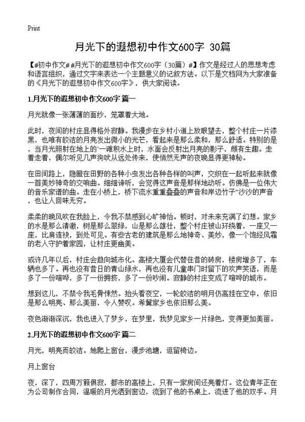 月光下的遐想初中作文600字30篇