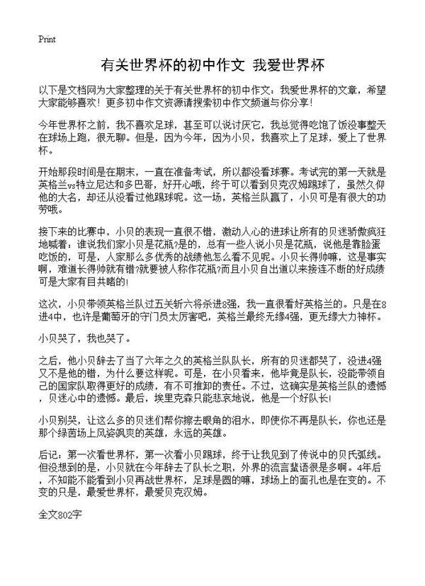 有关世界杯的初中作文 我爱世界杯