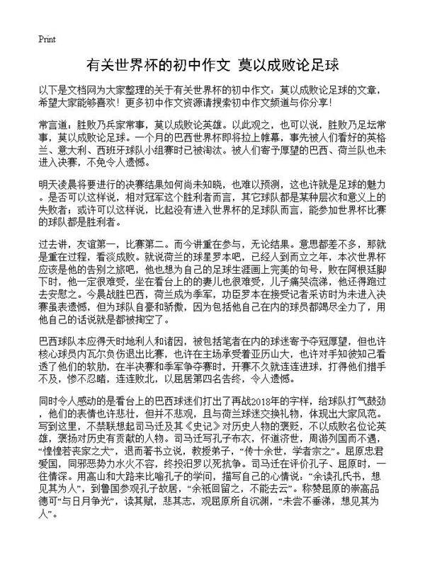 有关世界杯的初中作文 莫以成败论足球