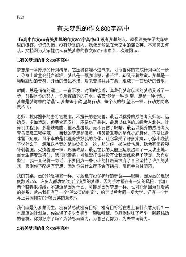 有关梦想的作文800字高中