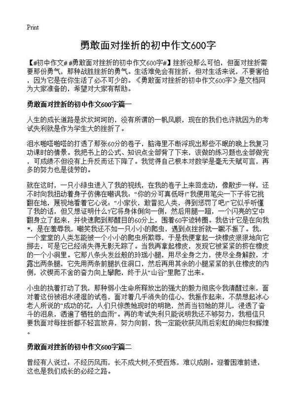 勇敢面对挫折的初中作文600字