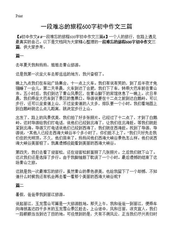 一段难忘的旅程600字初中作文三篇