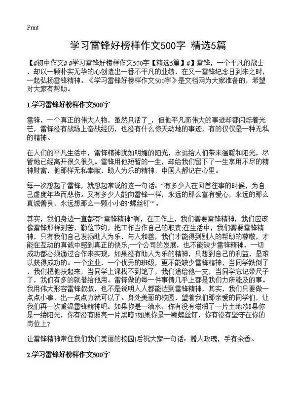 学习雷锋好榜样作文500字