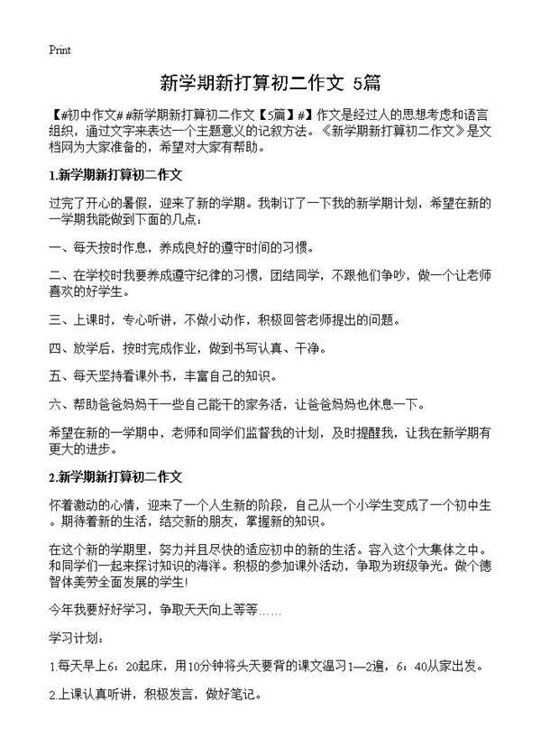 新学期新打算初二作文