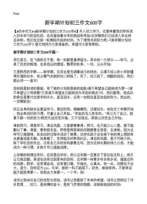 新学期计划初三作文600字