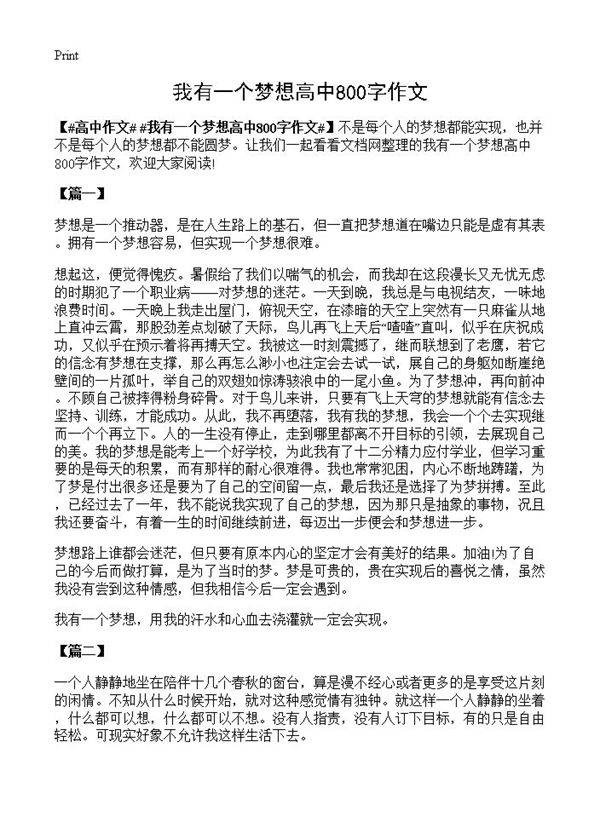 我有一个梦想高中800字作文