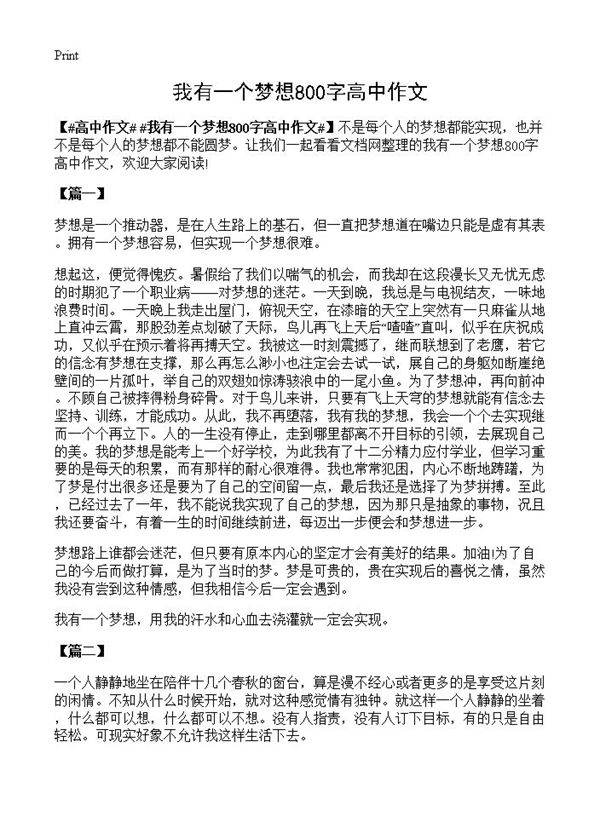 我有一个梦想800字高中作文