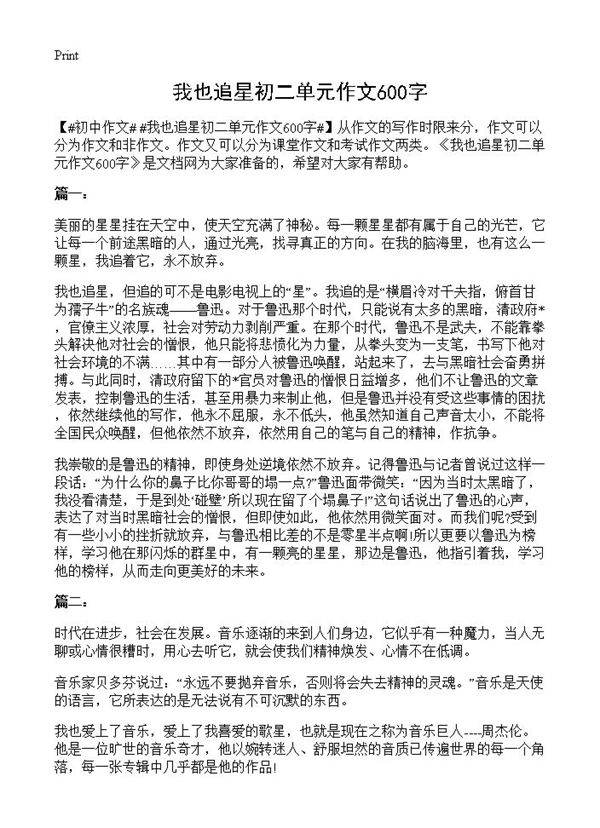 我也追星初二单元作文600字