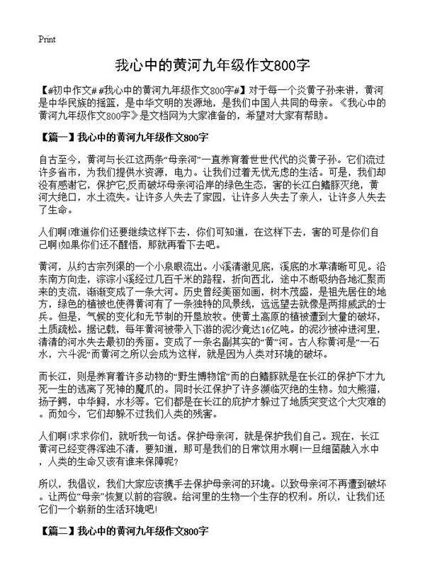 我心中的黄河九年级作文800字
