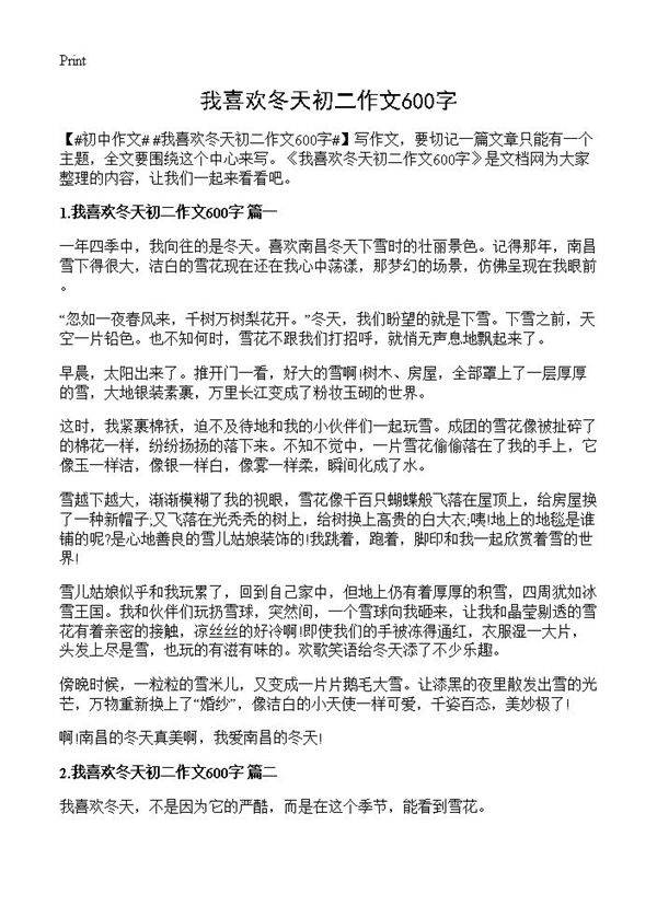 我喜欢冬天初二作文600字