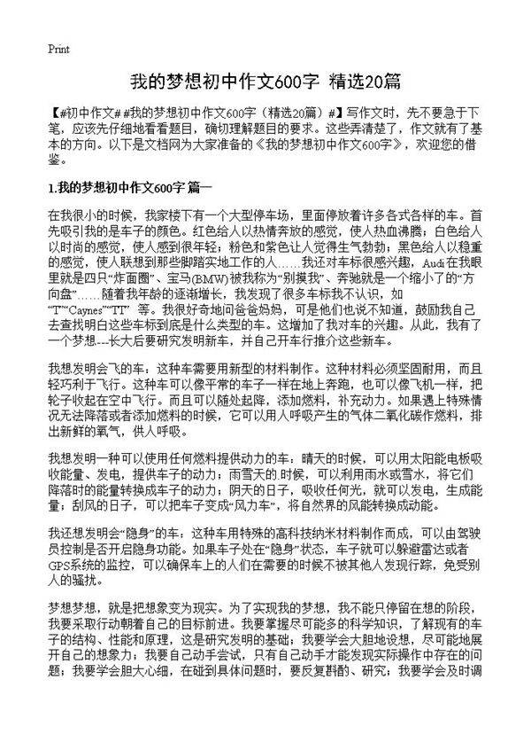 我的梦想初中作文600字20篇