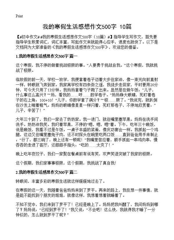 我的寒假生活感想作文500字10篇
