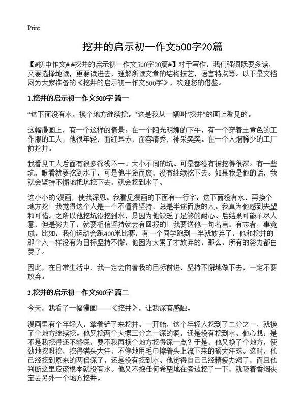 挖井的启示初一作文500字20篇