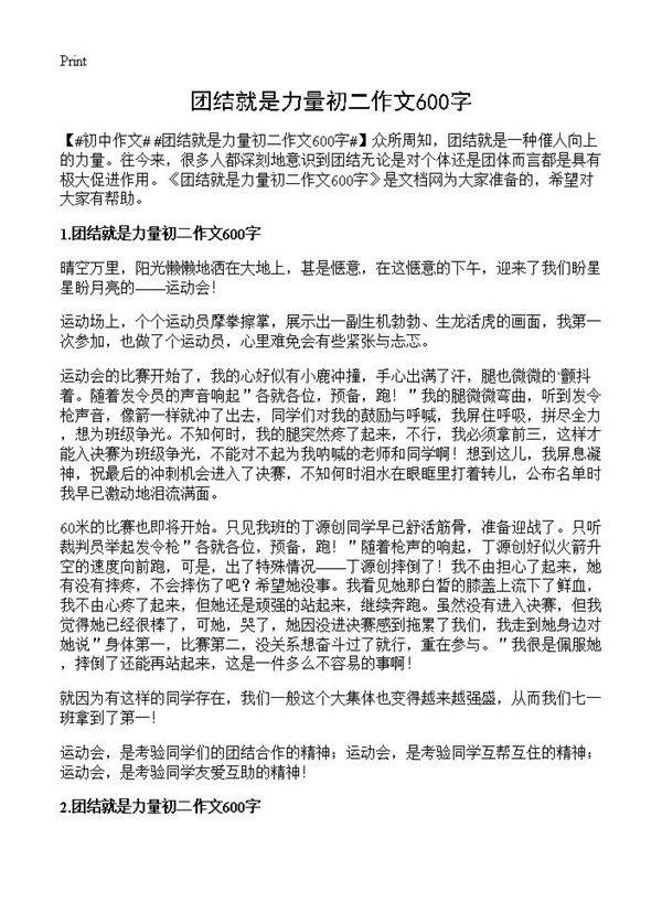 团结就是力量初二作文600字