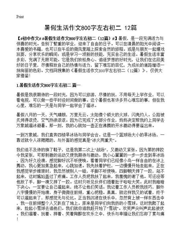 暑假生活作文800字左右初二12篇