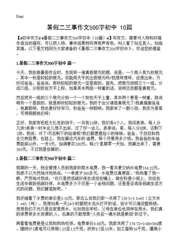 暑假二三事作文500字初中10篇