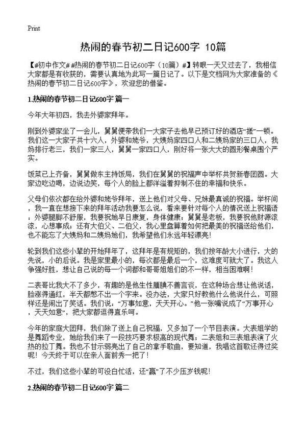 热闹的春节初二日记600字10篇