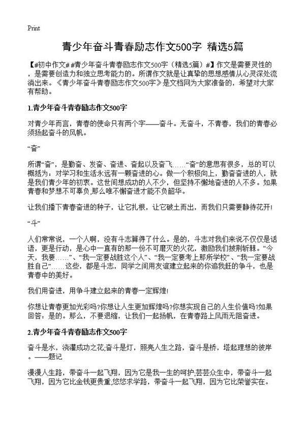 青少年奋斗青春励志作文500字5篇