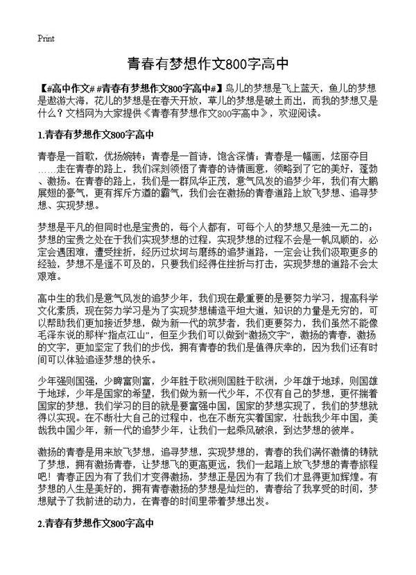 青春有梦想作文800字高中