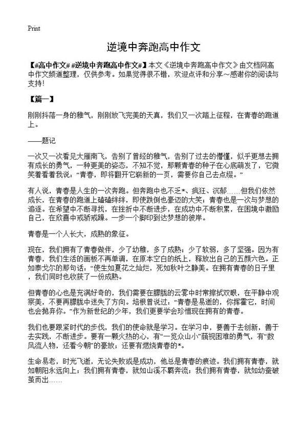 逆境中奔跑高中作文