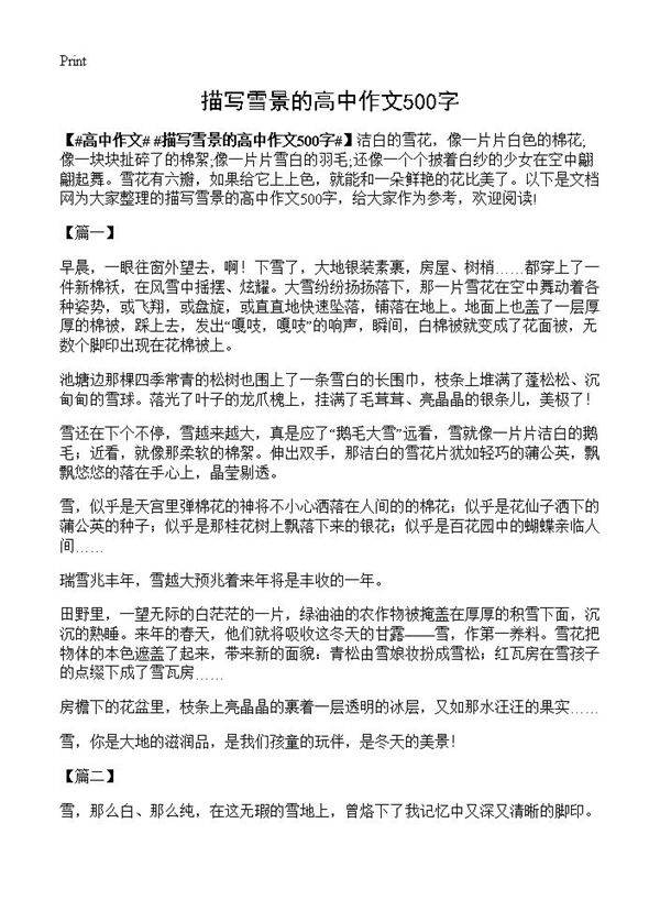 描写雪景的高中作文500字
