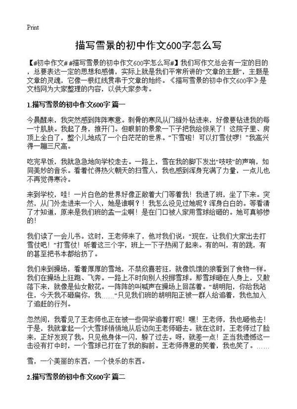 描写雪景的初中作文600字怎么写