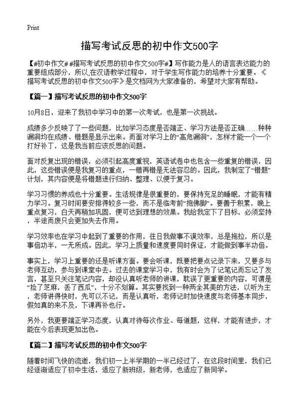 描写考试反思的初中作文500字