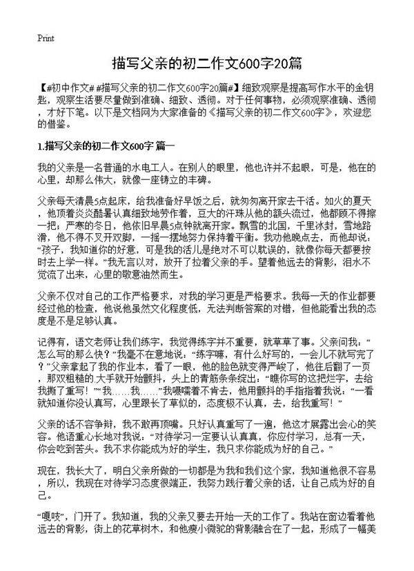 描写父亲的初二作文600字20篇