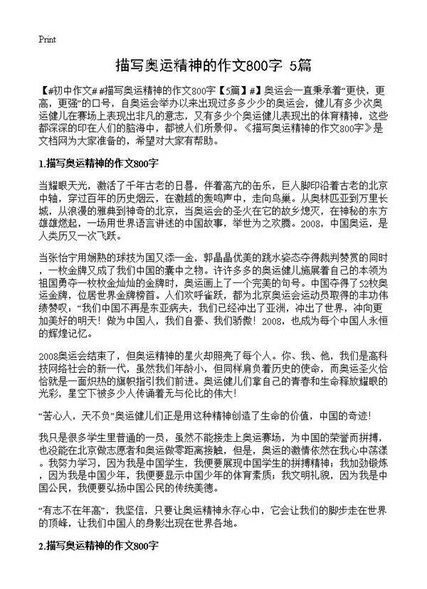 描写奥运精神的作文800字