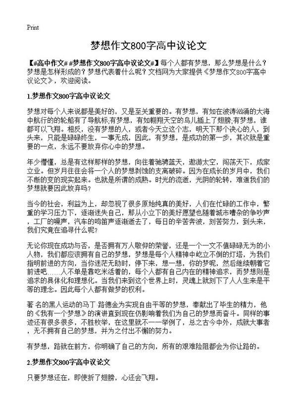 梦想作文800字高中议论文