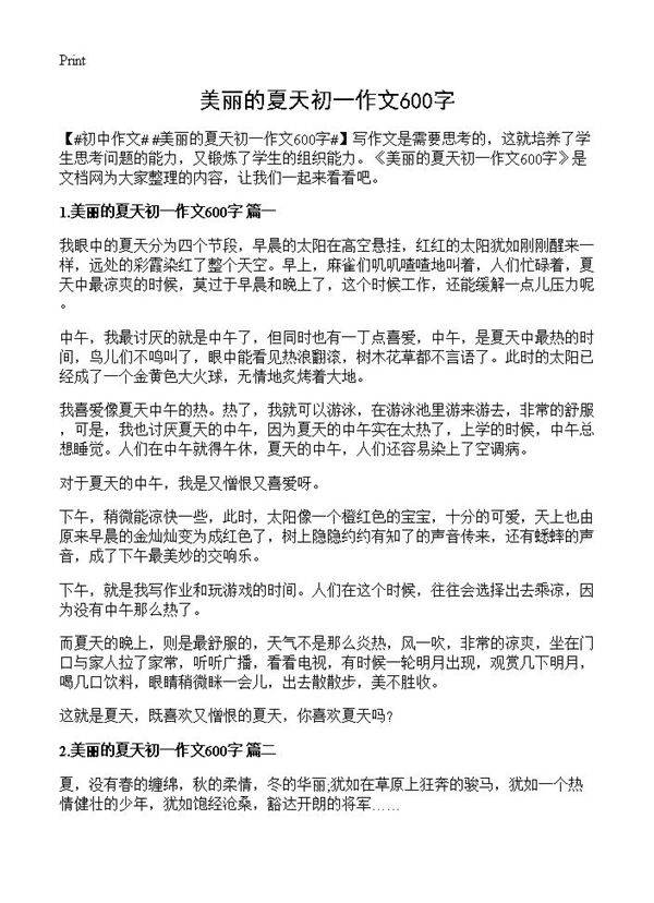 美丽的夏天初一作文600字