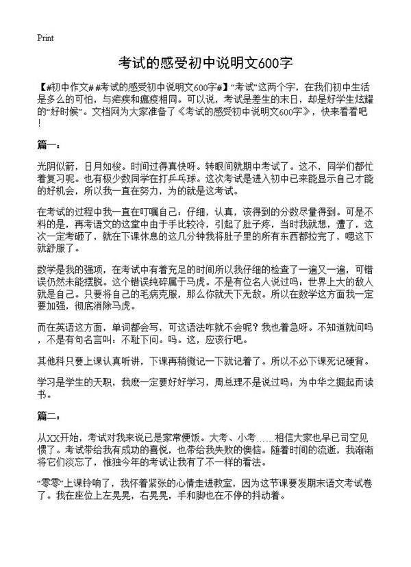 考试的感受初中说明文600字