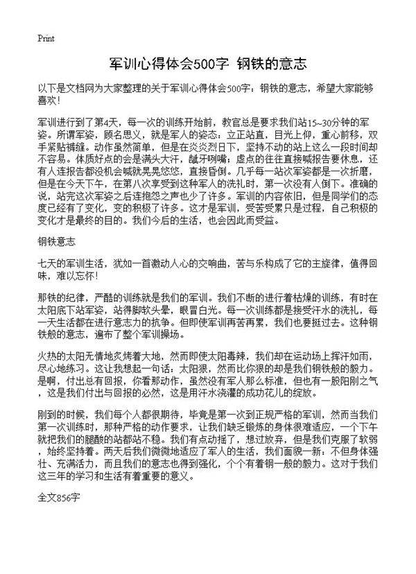军训心得体会500字 钢铁的意志