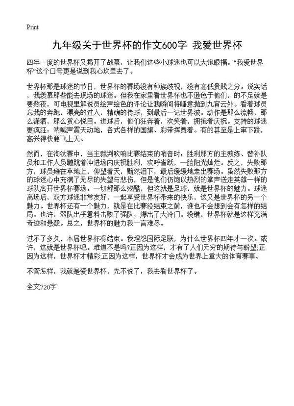 九年级关于世界杯的作文600字 我爱世界杯