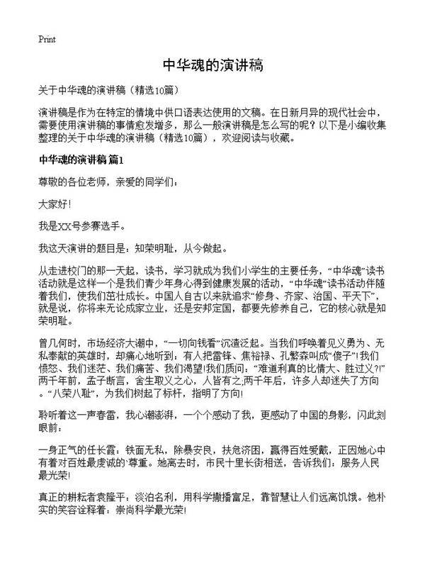 中华魂的演讲稿10篇