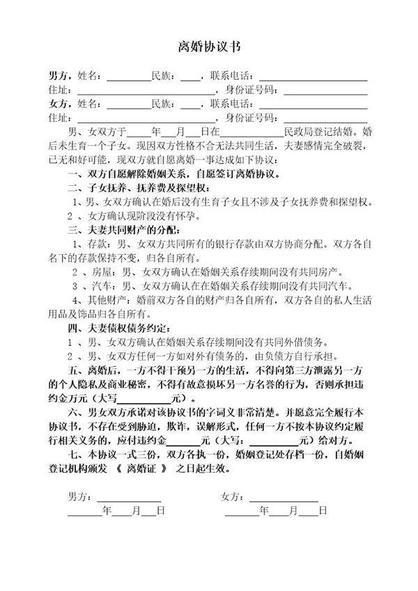 无子女无财产无债务离婚协议书模板