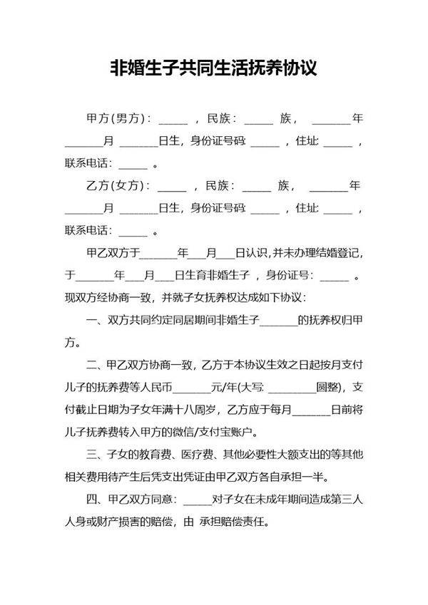 非婚生子共同生活抚养协议