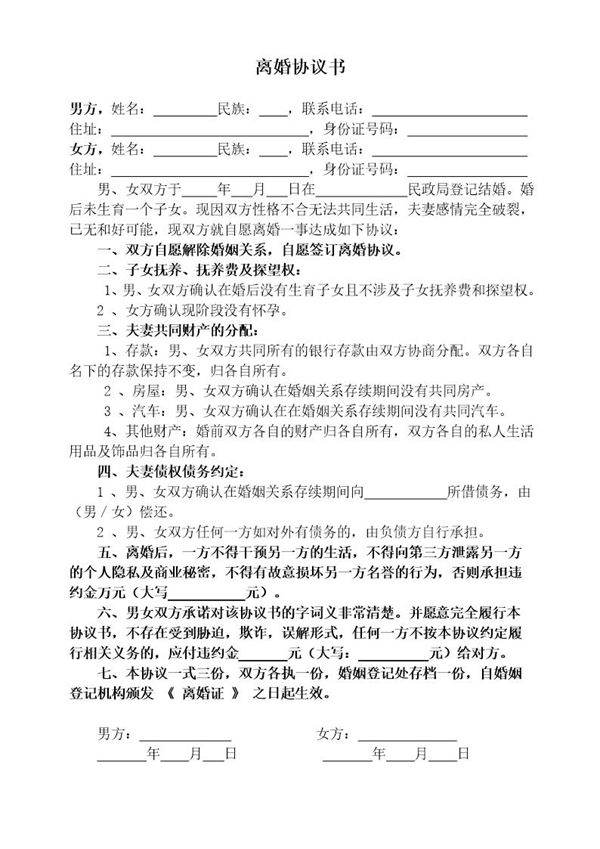 无子女无财产有债务离婚协议书模板