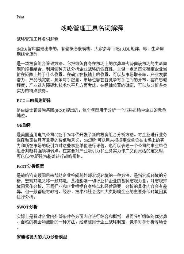 战略管理工具名词解释