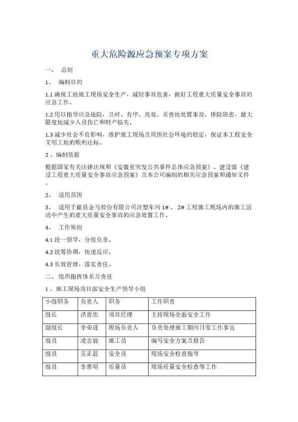 重大危险源应急预案专项方案