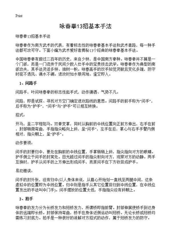 咏春拳13招基本手法