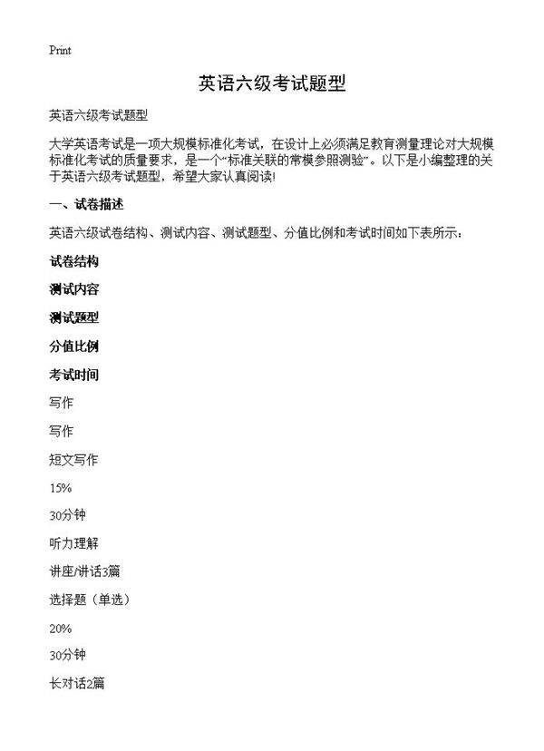 英语六级考试题型