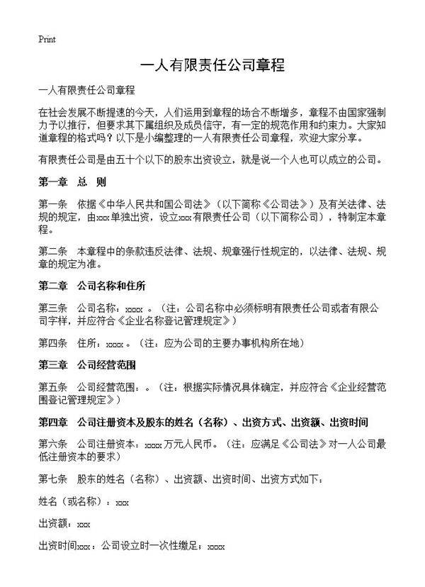一人有限责任公司章程