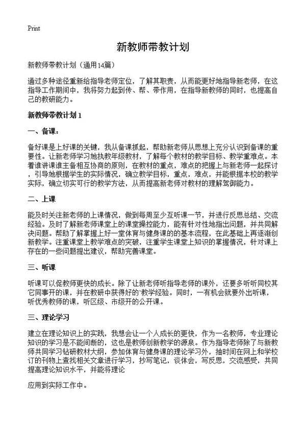 新教师带教计划14篇