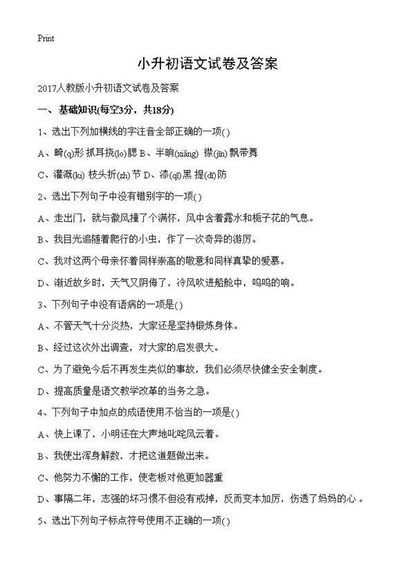 小升初语文试卷及答案