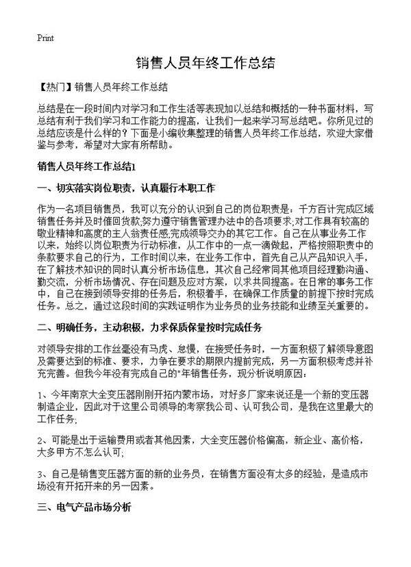 销售人员年终工作总结