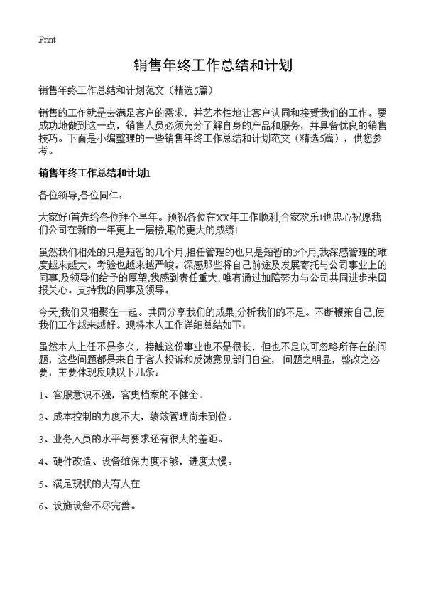 销售年终工作总结和计划5篇