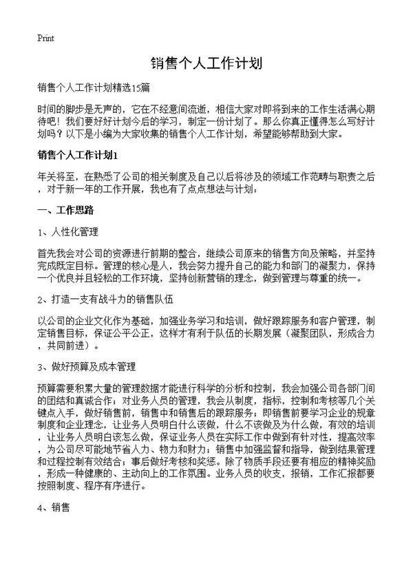 销售个人工作计划